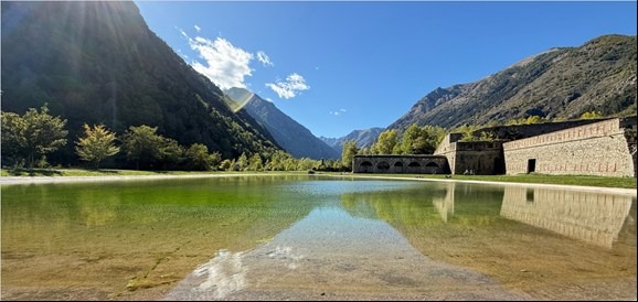 Laghetto di Vinadio, the competition lake, with Forte Albertino and the Alps behind it